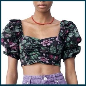 NWOT Zara Cotton Black Floral Ruffle Puff Sleeve Crop Top